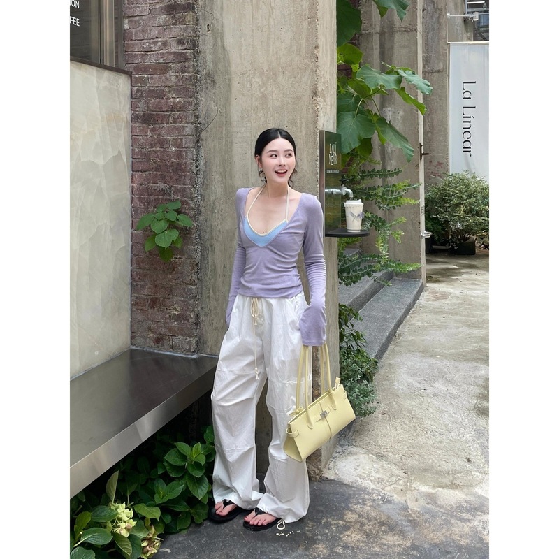 气质辣妹风大领口设计感紫色T恤女2025新款修身显瘦百搭长袖上衣|undefined