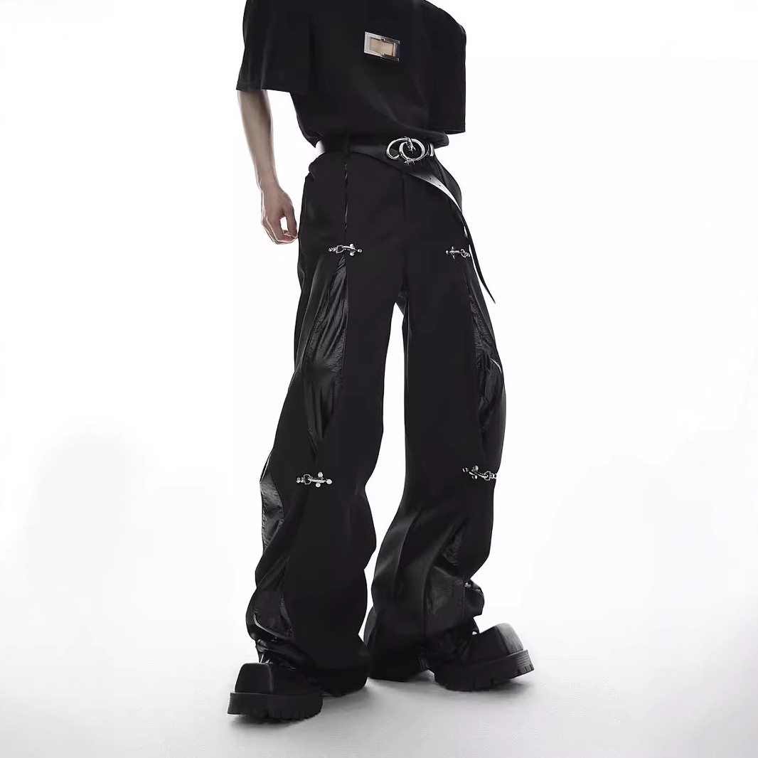 Unique American-Style High-End Design Airplane Buckle Pu Leather Spliced Men's Loose Drape Casual Suit Trousers