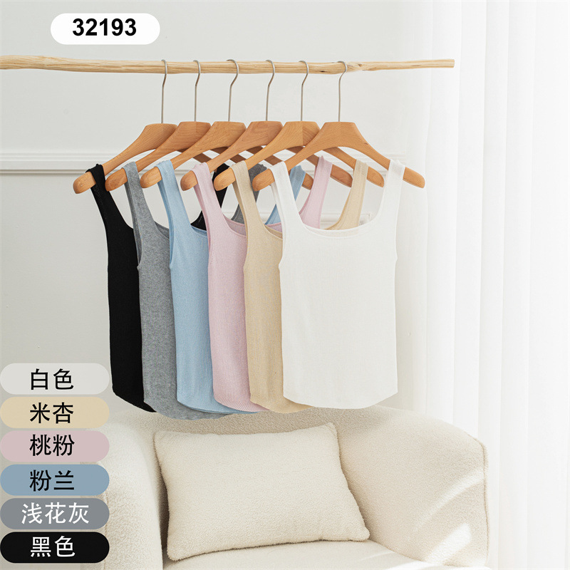 Summer New Flash Tencel Square Collar Knitted Small Vest Thin Hem Arc Pullover Sleeveless Top 32193