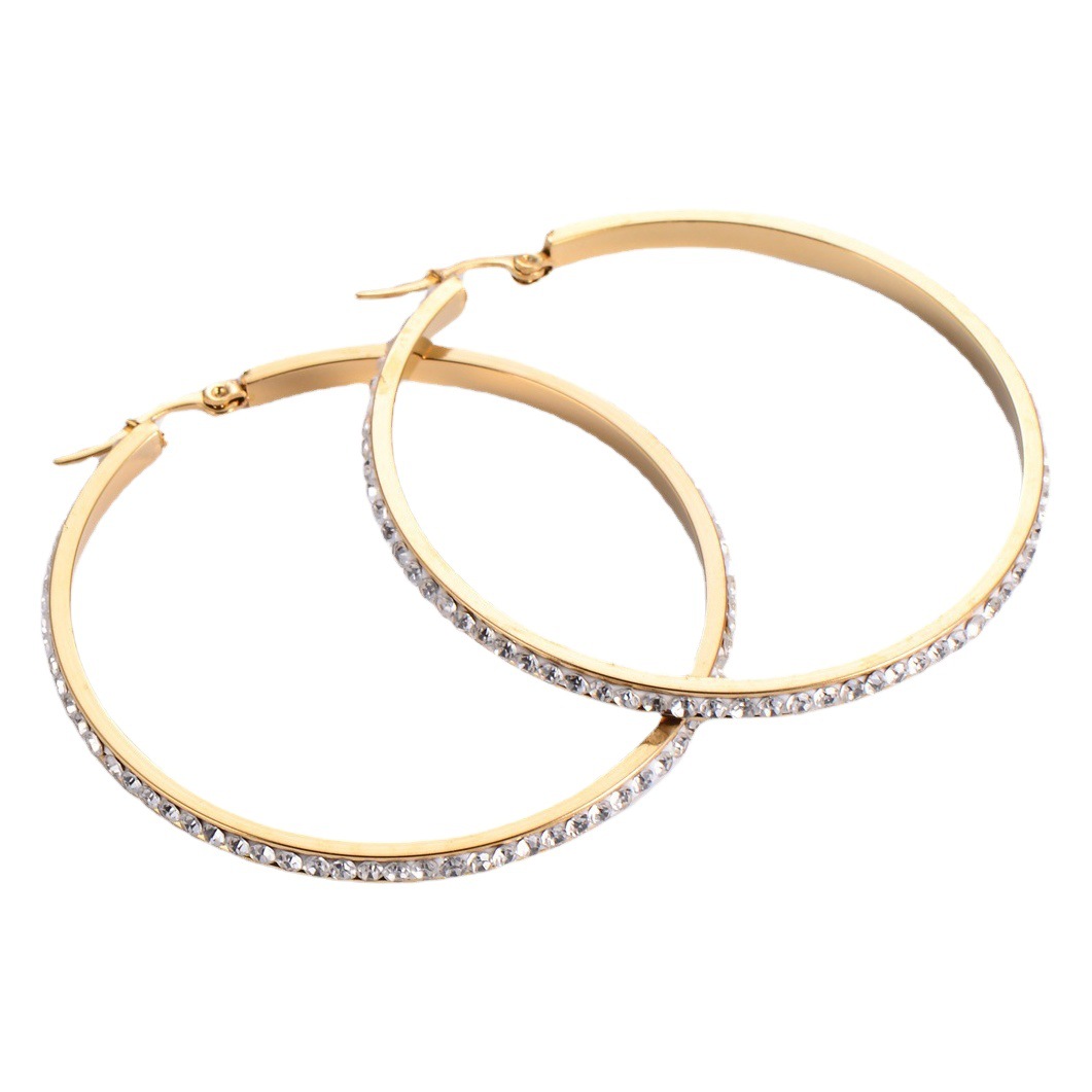 Nueva línea de oreja redonda cuadrada de acero de titanio pendientes de diamantes de imitación de oro femenino personalidad exagerada Diamante pendientes de todo fósforo de la joyería