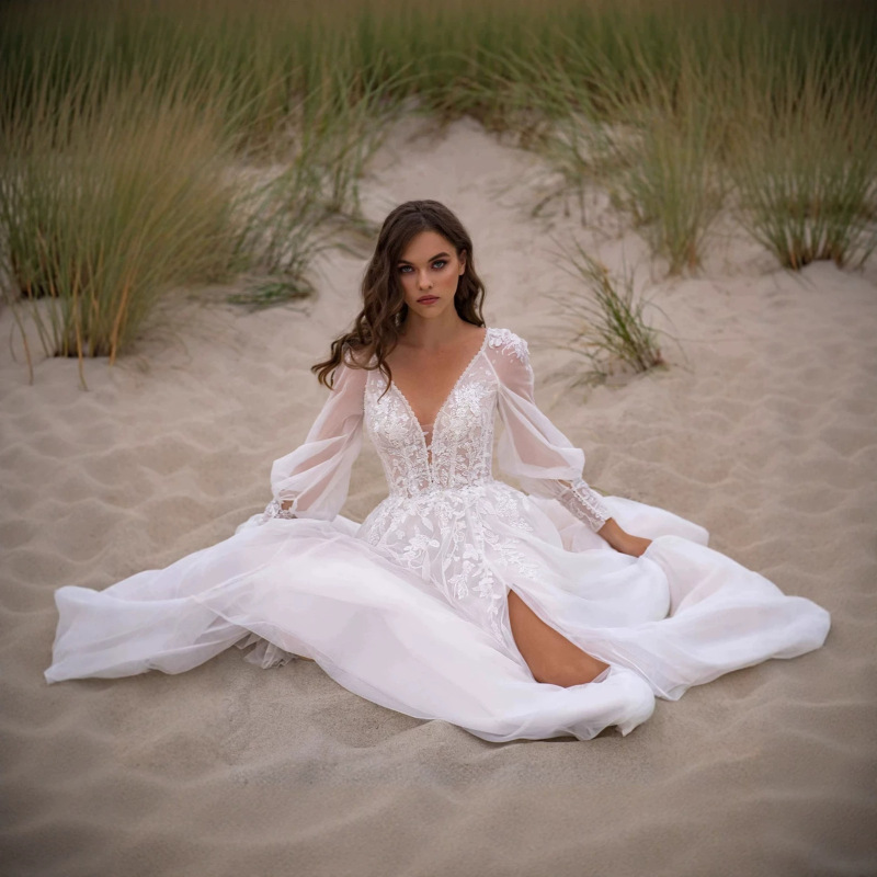 Light Wedding Dress with Simple V-Neck, Lace Long Sleeves, European and American Style, Elegant Bridal Gown for Welcoming Guests and Going Out, Niche Wedding Dress Light Wedding Dress with Simple V-Neck, Lace Long Sleeves, European and American Style, Elegant Bridal Gown for Welcoming Guests and Going Out, Niche Wedding Dress