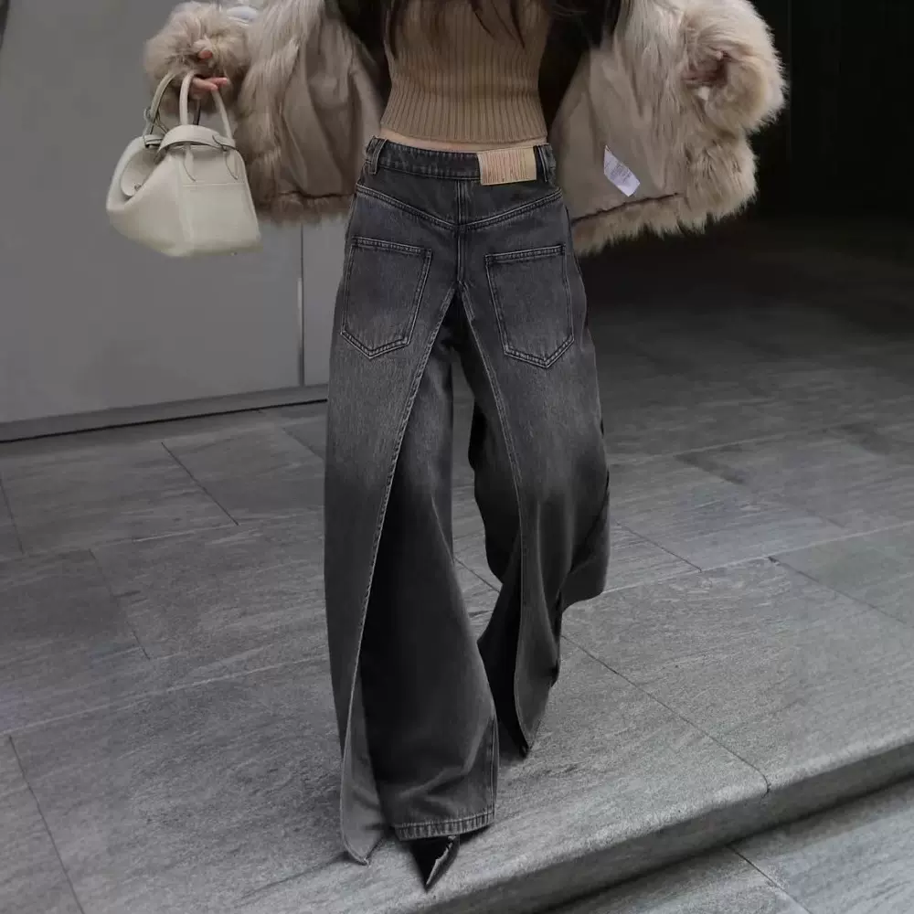 美式复古解构风正反两穿牛仔裤女y2k高街设计感加长休闲阔腿裤潮