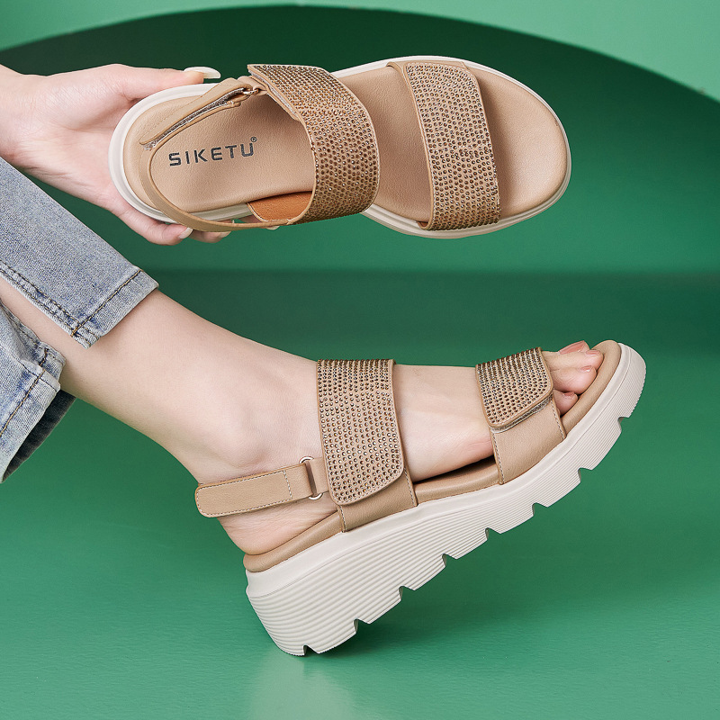 950-8夏季2025亚马逊新款点钻魔术贴女凉鞋坡跟休闲轻便大码拖鞋