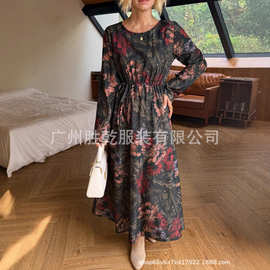 外贸女装2025大码宽松气质连衣裙欧美时尚花卉印花显瘦收腰长裙女