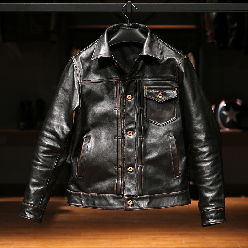 Japanese Retro Casual Denim 506 Tea Core Leather Jacket Men's Turn-Down Collar Casual Amekaji Genuine Leather Jacket