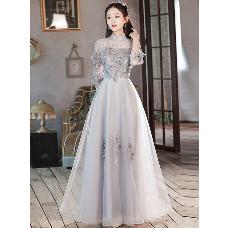 Estilo chino cheongsam vestido de compromiso para las mujeres 2024 nuevo elegante luz de lujo anfitrión bienvenida etiqueta vestido de noche arte prueba