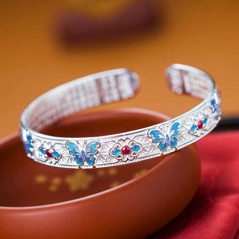Эмалированный, модный женский браслет с бабочкой, серебряный браслет, китайский стиль