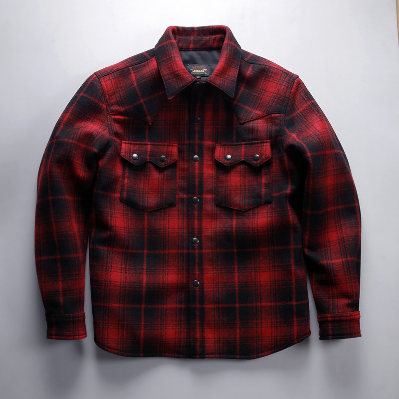 Retro American-Style Casual Red and Black Plaid All-Wool Shirt for Men and Women, Amekaji Thickened Woolen Shirt Retro American-Style Casual Red and Black Plaid All-Wool Shirt for Men and Women, Amekaji Thickened Woolen Shirt