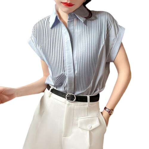 Short-sleeve white shirt for women: summer-style accordion-pleated, loose-fitting office wear with a chic, niche-design chiffon top featuring delicate flutter sleeves.