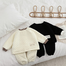 INS款冬款加绒婴幼童绗棉方格长袖两件套男女宝宝休闲长袖套装