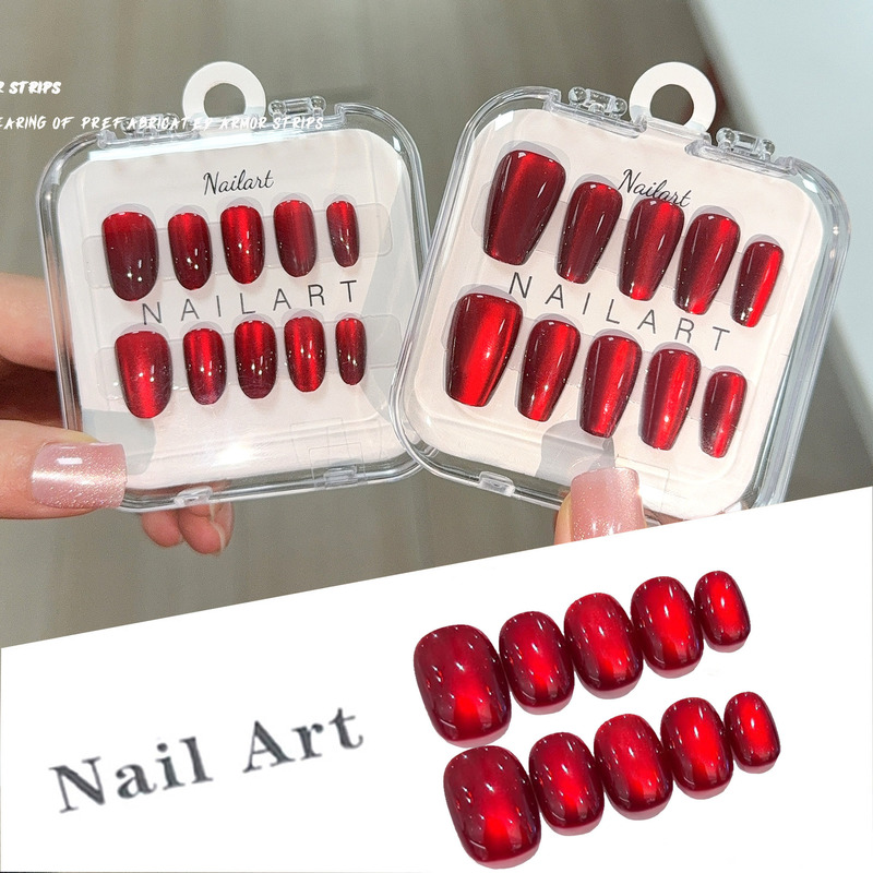 Cross-Border New Product Burgundy Cherry Nail Tips Wearable Nails Cat Eye Nail Tips Nail Pieces Boxed Deep Red Light Bulb Cat Eye Cross-Border New Product Burgundy Cherry Nail Tips Wearable Nails Cat Eye Nail Tips Nail Pieces Boxed Deep Red Light Bulb Cat Eye