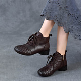 以一 Демисезонные кожаные плетеные короткие сапоги, ретро ботинки, из натуральной кожи, мягкая подошва