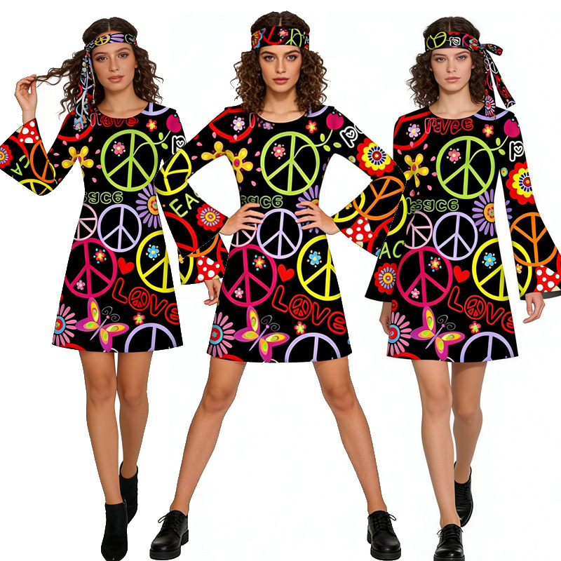 New 20th Century Retro Women's Clothing 70s Hippie Outfit Amazon Cross-Border Disco Print Dress New 20th Century Retro Women's Clothing 70s Hippie Outfit Amazon Cross-Border Disco Print Dress