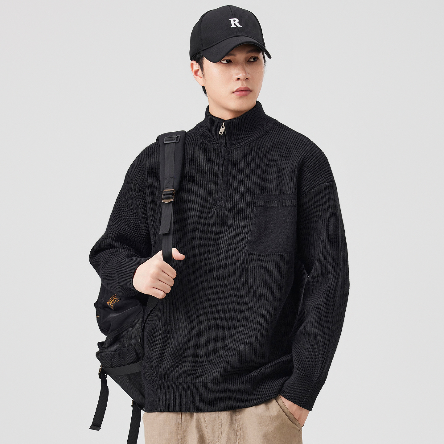 Camisas de punto de cuello vertical con medio cremallera para hombres retro americano suelta otoño y invierno 2025 nuevo suéter de moda pareja de moda