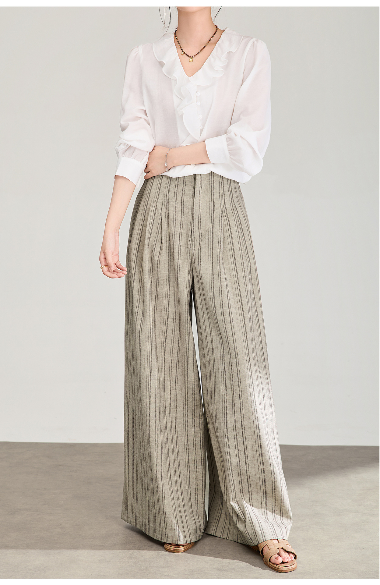 Quần culottes nữ ống rộng sọc kẻ dọc chất liệu tencel cao cấp phong cách công sở — màu kaki chi tiết 18