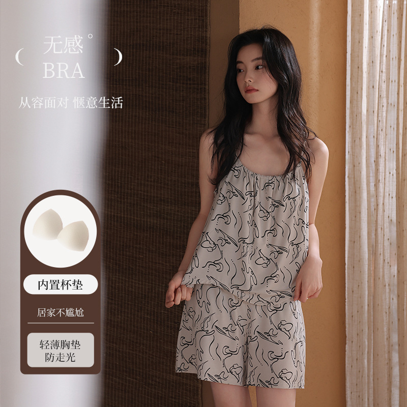 [Super Soft] Cool Modal Pajamas Women's Summer Suspender Shorts Floral Sexy with Breast Pad Home Clothes Set