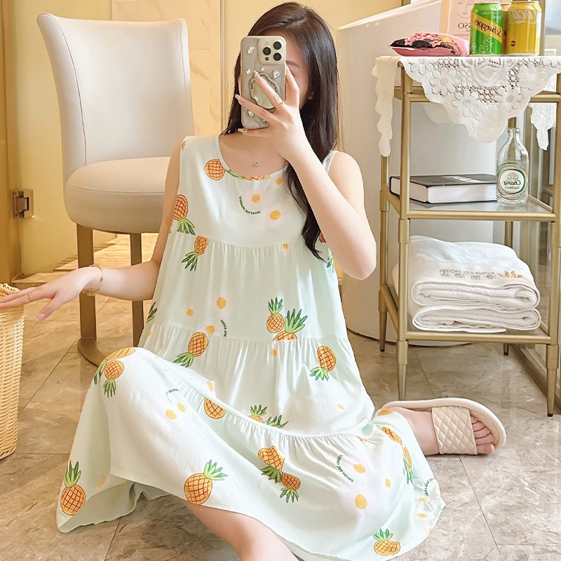 Новая хлопчатобумажная ночная юбка для женщин Летняя тонкая сетка красный плюс размер принт пижамы без рукавов искусственная хлопчатобумажная ночная юбка