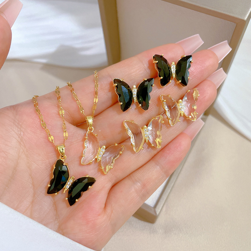 Titan Stahl Kupfer Elegant Inlay Schmetterling Künstlicher Kristall Ohrringe Halskette display picture 1
