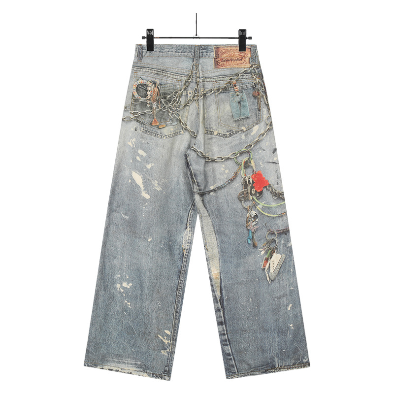 Men's Clothing 3D Chain Print Washed Jeans – Vintage Distressed Loose-Fit Denim Pants For Men & Women_voghion.com