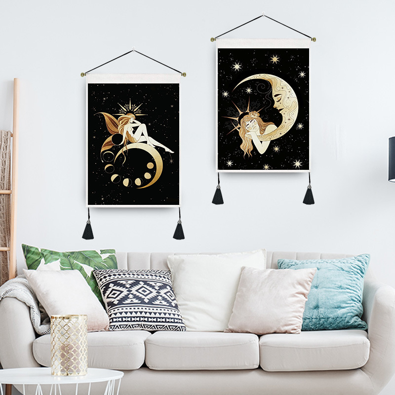 Retro Human Starry Sky Moon Polyester Tapestry Wall Art display picture 3