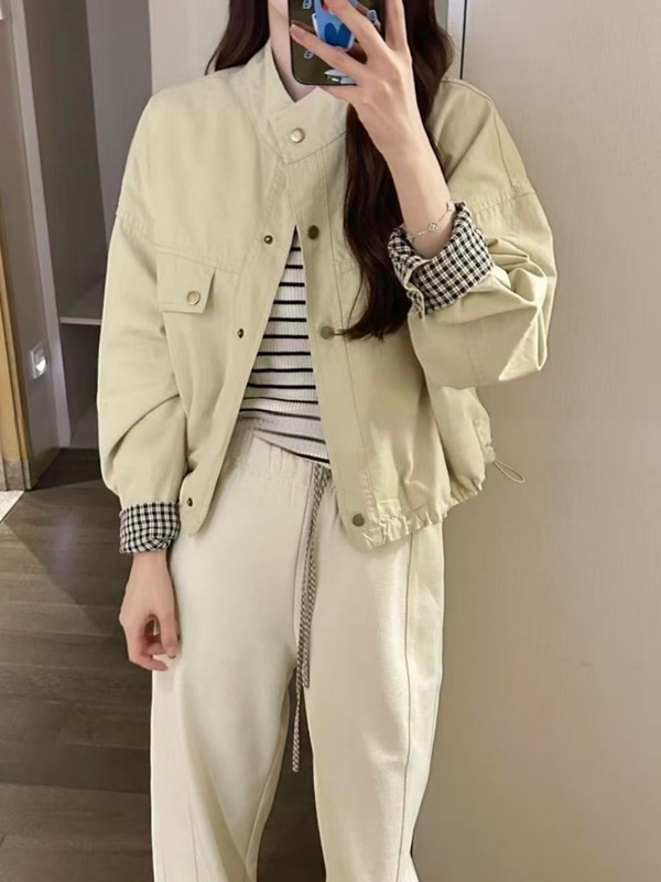 韩系格子拼接立领外套女2025秋季新款短款高级感宽松百搭夹克上衣|undefined