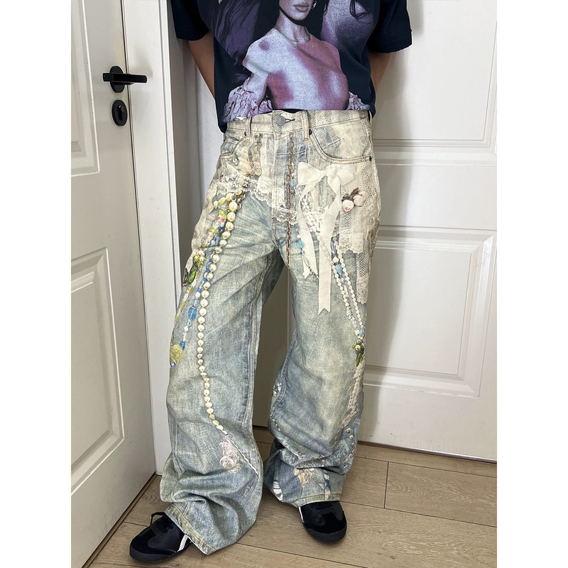 嘉衣库男装2025秋季新款美式高街RO风3D印花水洗牛仔裤宽松阔腿裤|undefined