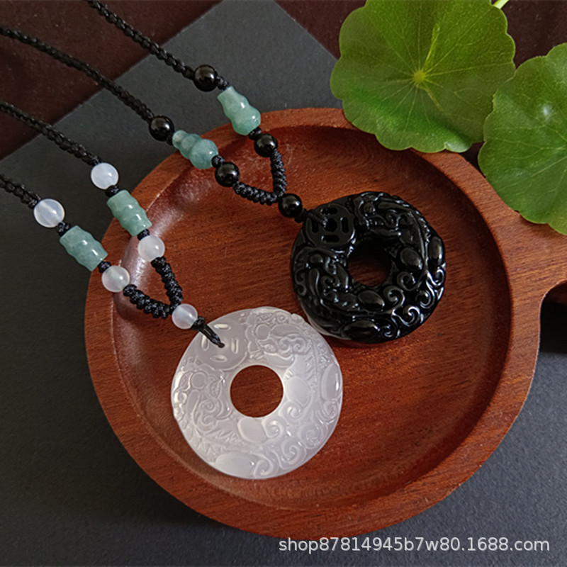 天然黑曜石双貔貅平安扣白玉髓复古吊坠保平安男女情侣项链得物爆