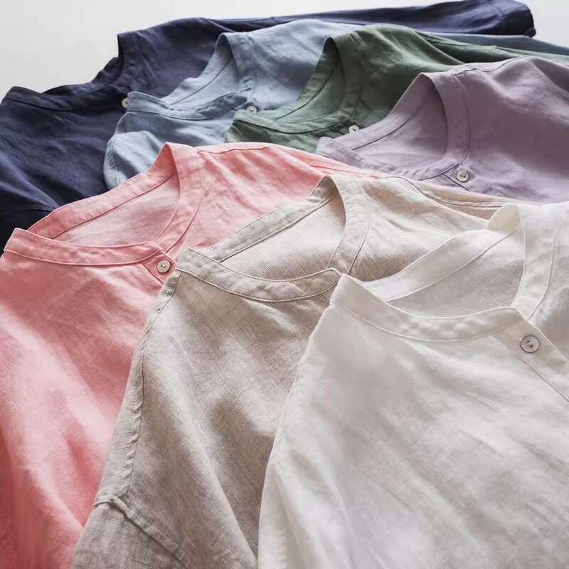 Japanese style original single customer supply pure linen stand collar three-quarter sleeve loose meat covering artistic casual plus size shirt sun protection top