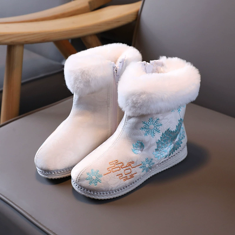 2021 новые зимние сапоги для девочек с волосами и ртом, обувь ханьфу на флисовой подкладке, детская обувь с вышивкой, Тканевая обувь, зимние хлопковые сапоги в китайском стиле, HQ