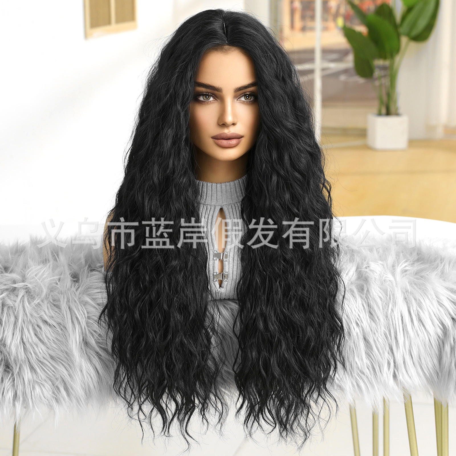 Europa y América transfronteriza nueva natural negro bangs moda gran ola larga pelo rizado mullido peluca de las mujeres cubierta de la cabeza completa