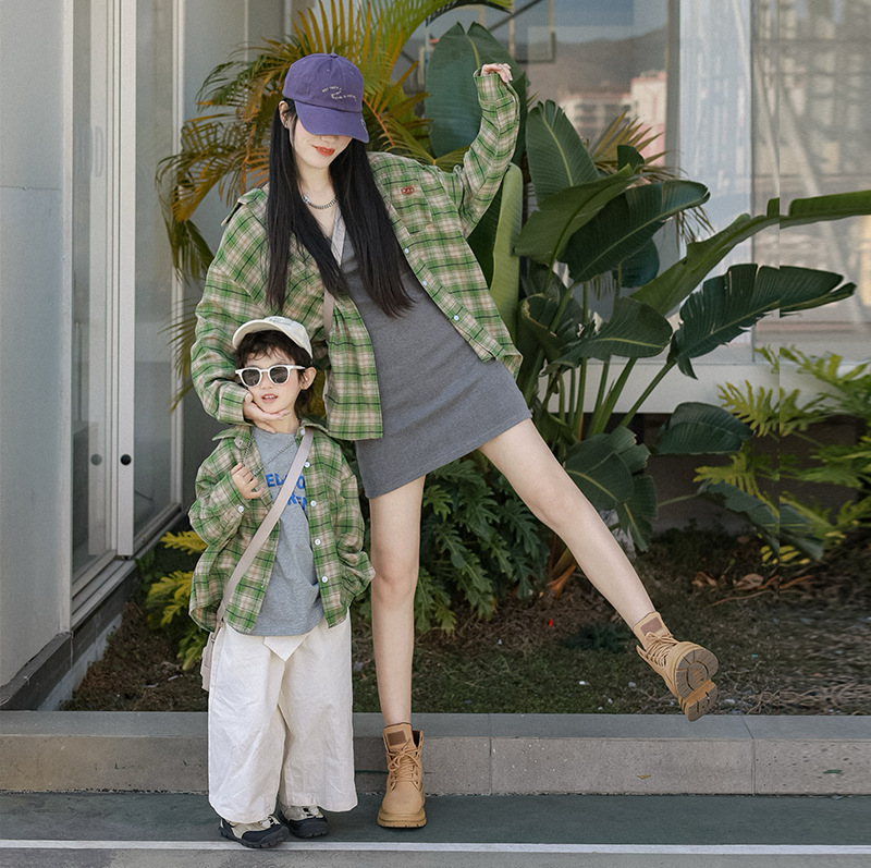 Play together in-laws spring green plaid long sleeve shirt family of three mother and daughter bf boyfriend wind lazy jacket coat