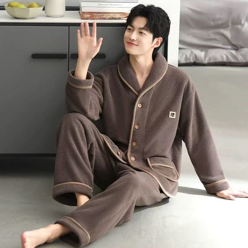 Light Luxury [Anti-Static] Men's Winter Coral Fleece Thickened Pajamas, Men's Autumn and Winter Flannel Pajamas for Home