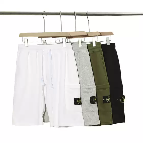 Cross-Border European and American Stone Solid Color Compass Sleeve Shorts for Men and Women with Large Pocket Decoration, Loose and Breathable