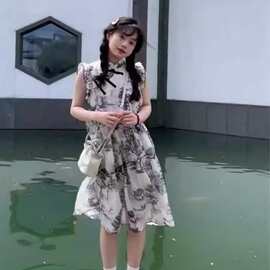 新中式山水画印花清冷感飞飞袖连衣裙子女盘扣复古轻国风旗袍裙子