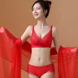 日系新款本命年大红内衣套装女聚拢收副乳性感蕾丝新娘结婚文胸罩