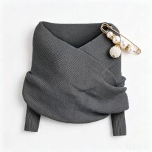 跨境秋冬款毛线围巾欧美男女士加别针单色围脖披肩带袖子针织围巾