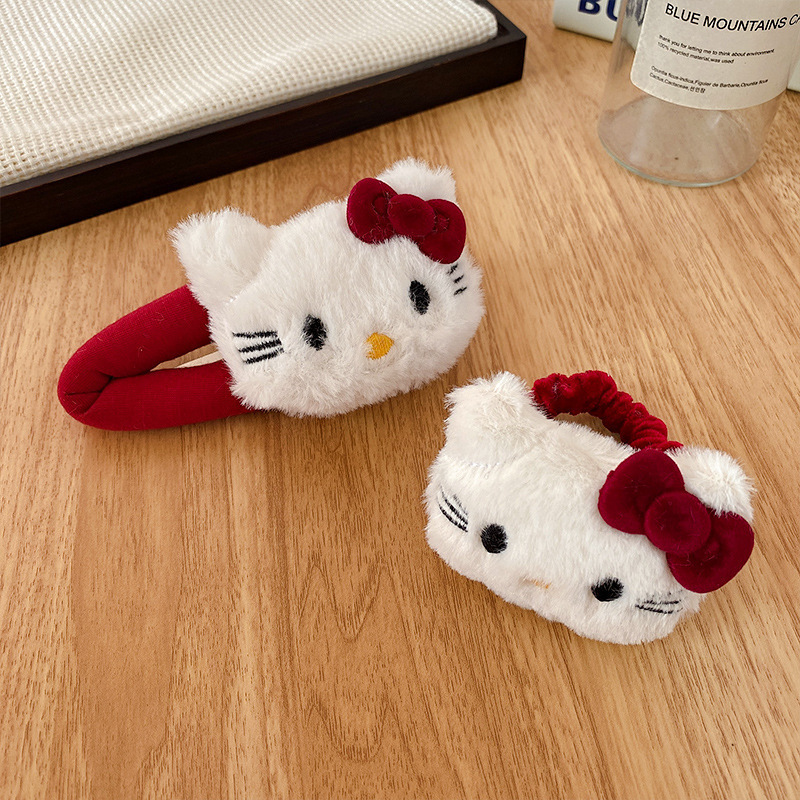可爱红kt猫掰掰夹发圈毛绒HelloKitty蝴蝶结发夹少女BB夹卡通发饰|undefined