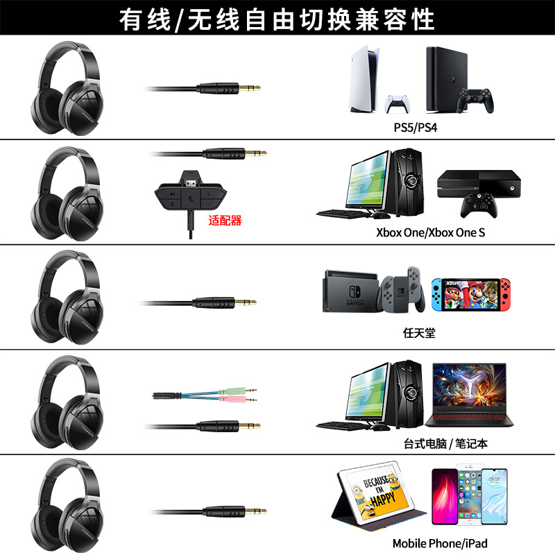 跨境新品头戴式蓝牙有线游戏耳机电竞续航40h有线蓝牙自由切换