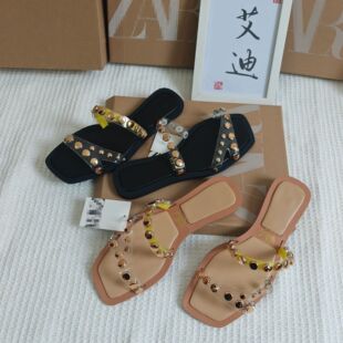 Foreign Trade Manufacturers Spot Wholesale European and American Women's Flats Sandals Metal Flats Slippers Women's Flats Slipper