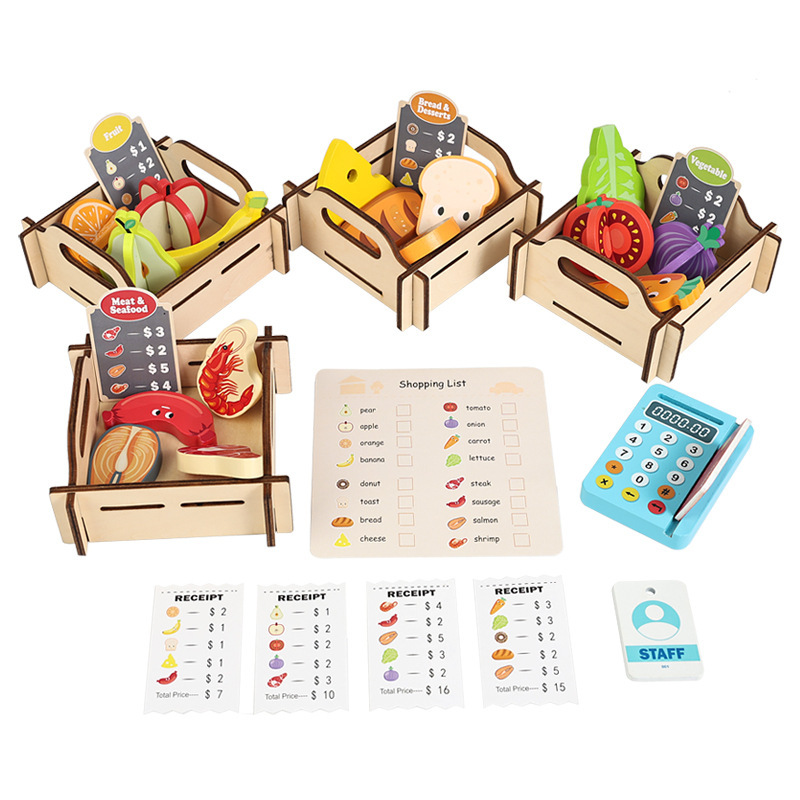 Transfronterizos niños de madera simulación de frutas y verduras juegos de venta de tiendas cajas caseras juguetes de educación temprana image 5