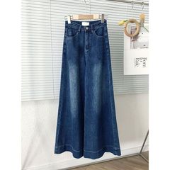 レトロな青いジーンズの新しいワイドパンツ2025弾力性の高いウエストデザイン感の女性のペンダント感が痩せている