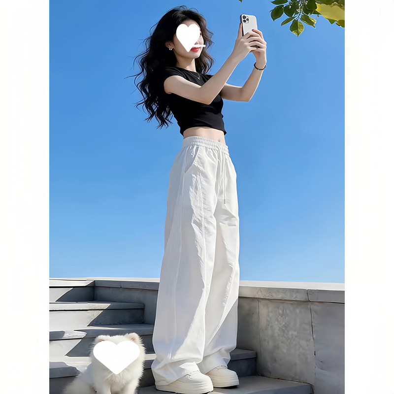 白色速干工装裤女夏季轻薄宽松显瘦遮肉阔腿裤高腰休闲褶皱运动裤