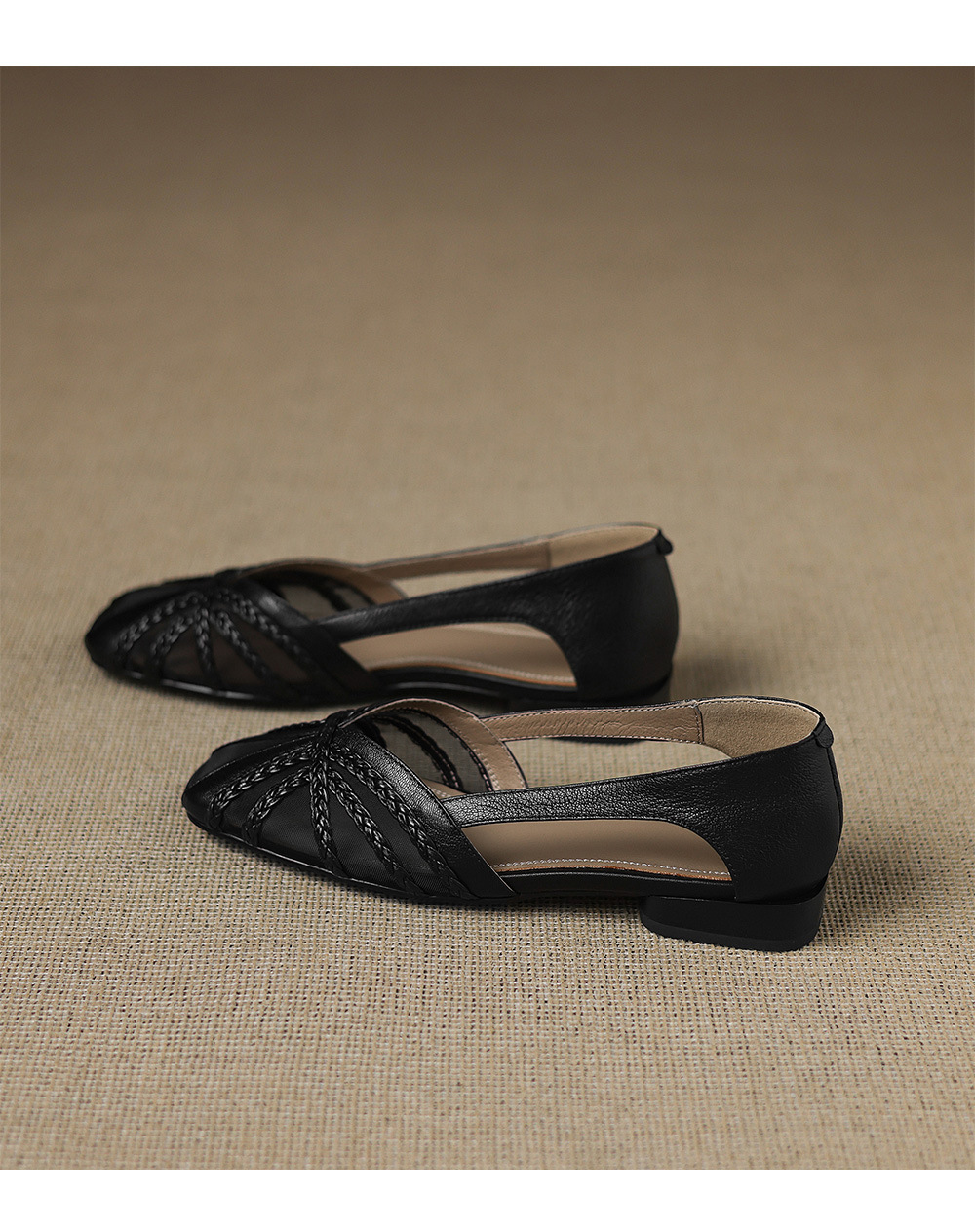 Sandal nữ da cừu mũi kín đế bệt phối lưới thoáng khí — đen chi tiết 16