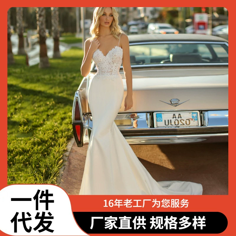 Свадебное платье из атласа для путешествий, белое, простое, без рукавов, на бретелях, фасон «рыбий хвост», для фотосессий, оптовая торговля, 2025 год.