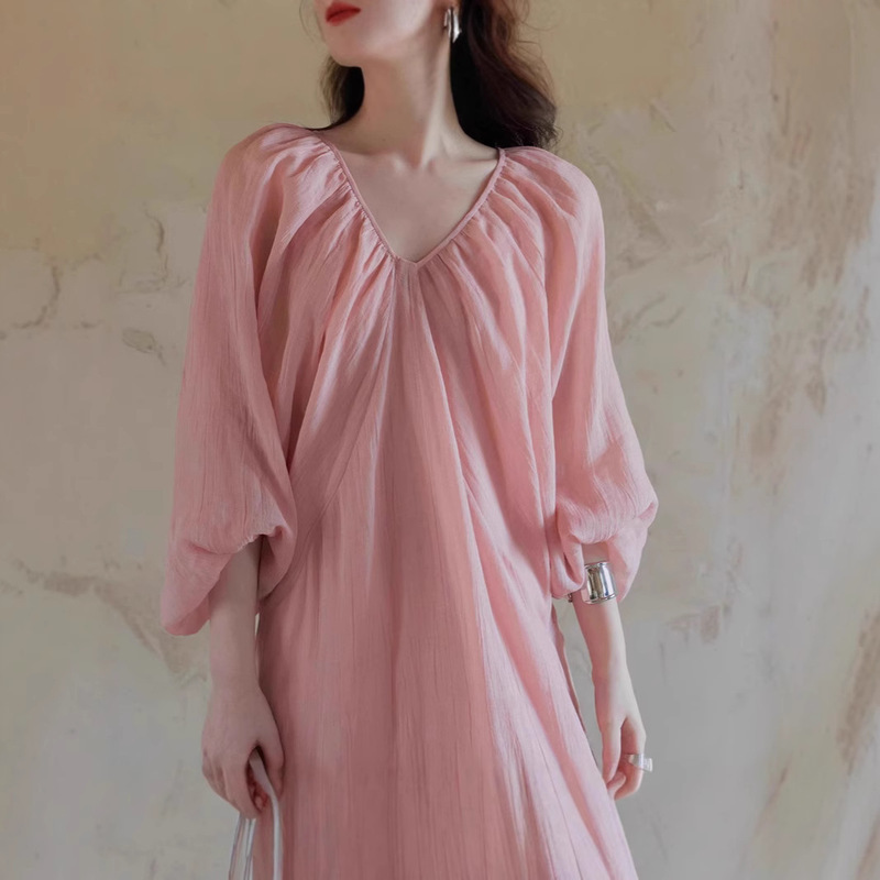 French Retro V Neck Lantern Sleeve Loose Dress for Women Summer Ramie Tencel Texture High-End Fairy Dress