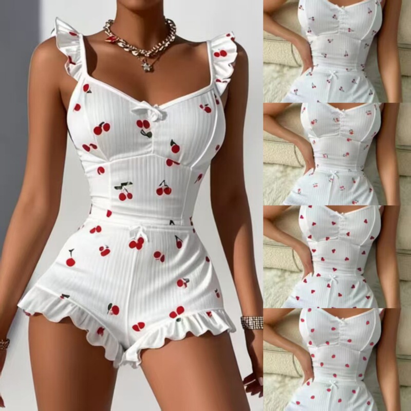 Fashionable and Stylish Suspender Shorts with Sexy Ruffles, Multi-Color Heart Print, Casual Loungewear Two-Piece Set, Fresh and Sweet Fashionable and Stylish Suspender Shorts with Sexy Ruffles, Multi-Color Heart Print, Casual Loungewear Two-Piece Set, Fresh and Sweet