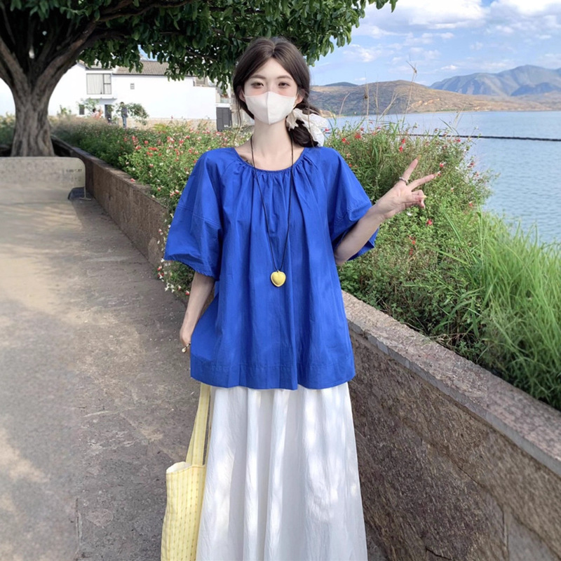 Korean Style Back Strap Backless Age-Reducing Shirt Summer New Pleated Round Neck Short-Sleeved Shirt Top Puff Sleeves