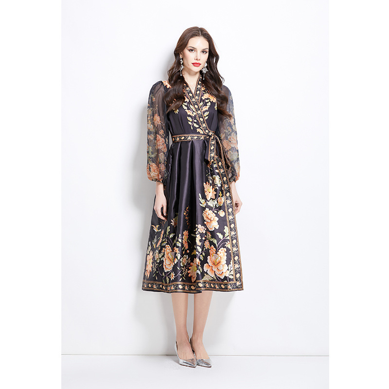 Cross-Border Export 2025 Spring New V Neck Ethnic Style Printed Satin Wrap Long Dress