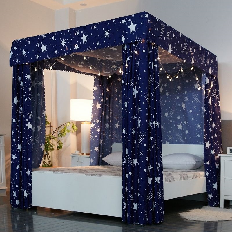 Cortina de cama de tres puertas para dormitorio piso a prueba de viento cortina de cama caliente para cuatro estaciones general a prueba de polvo mosquiteros