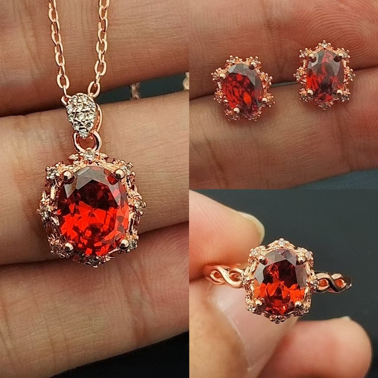 首饰品高碳钻3件套装戒指耳钉吊坠项链女简约百搭橘红锆石3件套装